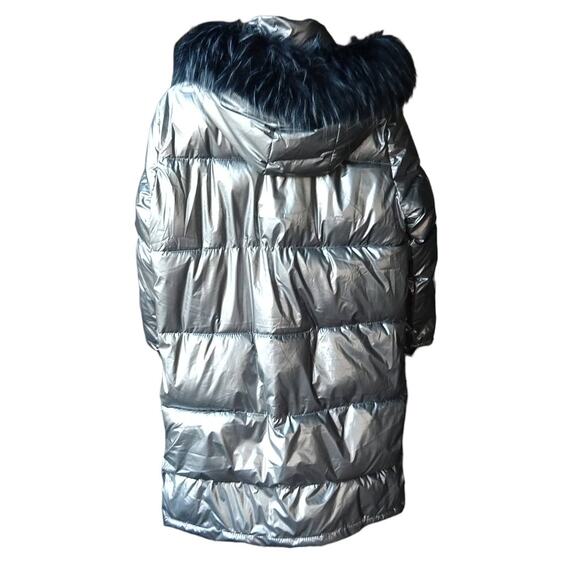 Miz 3006 Metallic Silver Puffer Coat L hooded vegan removable faux fur winter - Picture 3 of 16